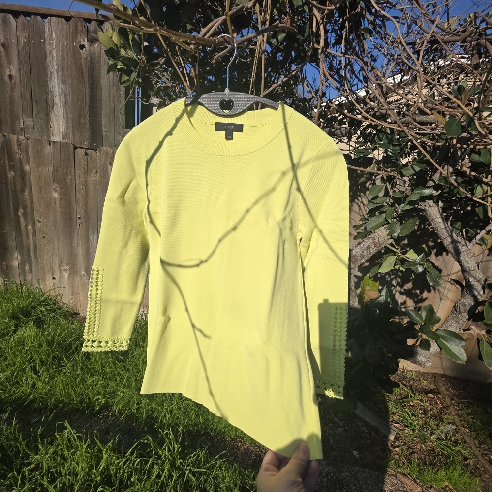 J.Crew Women Neon Yellow Cotton Crewneck Pullover Sweater Crochet Hem Size XXS